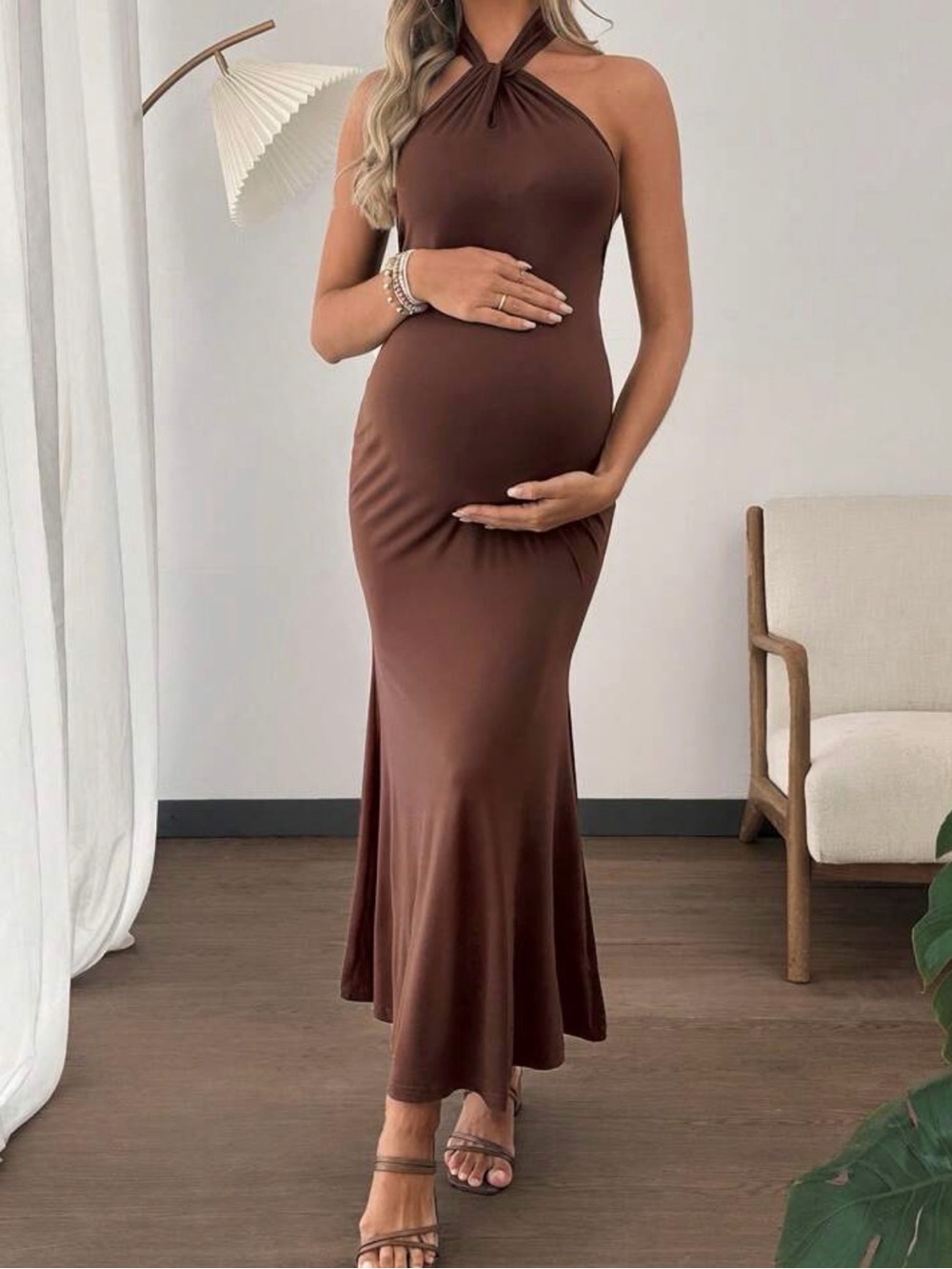Brown Twist Halter Maternity Maxi Dress
